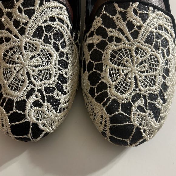 MIDNIGHT VELVET LACE BLACK AND WHITE GLITTER SLIPON WOMEN’S FLATS SIZE 10M - Picture 3 of 11